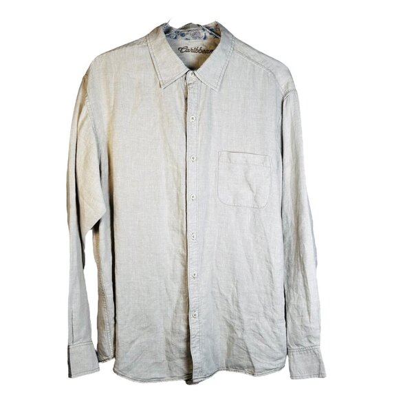 Caribbean XL Men Linen Button Down Khaki Long Sleeve Shirt Lightweight Travel - Picture 1 of 5